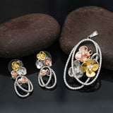 92.5 Sterling Silver - Elegant Floral  Pendant Set and Earrings with Zircon Stones