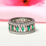 Crystal 2 in 1 Dazzling   Pink and Green Interlocking 92.5 Sterling Silver  Ring